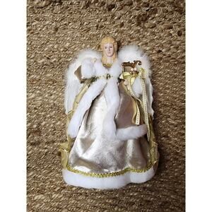 NEW! Porcelain Gold Embellished Angel Christmas Tree Holiday Decor Feathers Fur